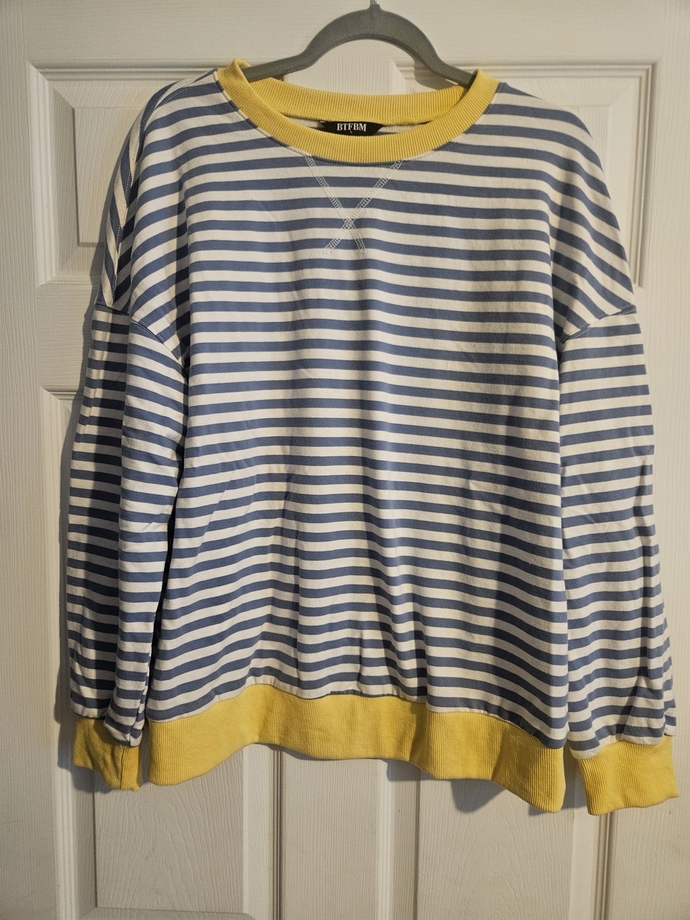 BTFBM Women's Blue & White Striped Sweatshirt with Yellow Trim